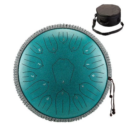Hluru music 13 inch teal steel tongue drum with gray braided edge and numbered sections for ethereal percussion