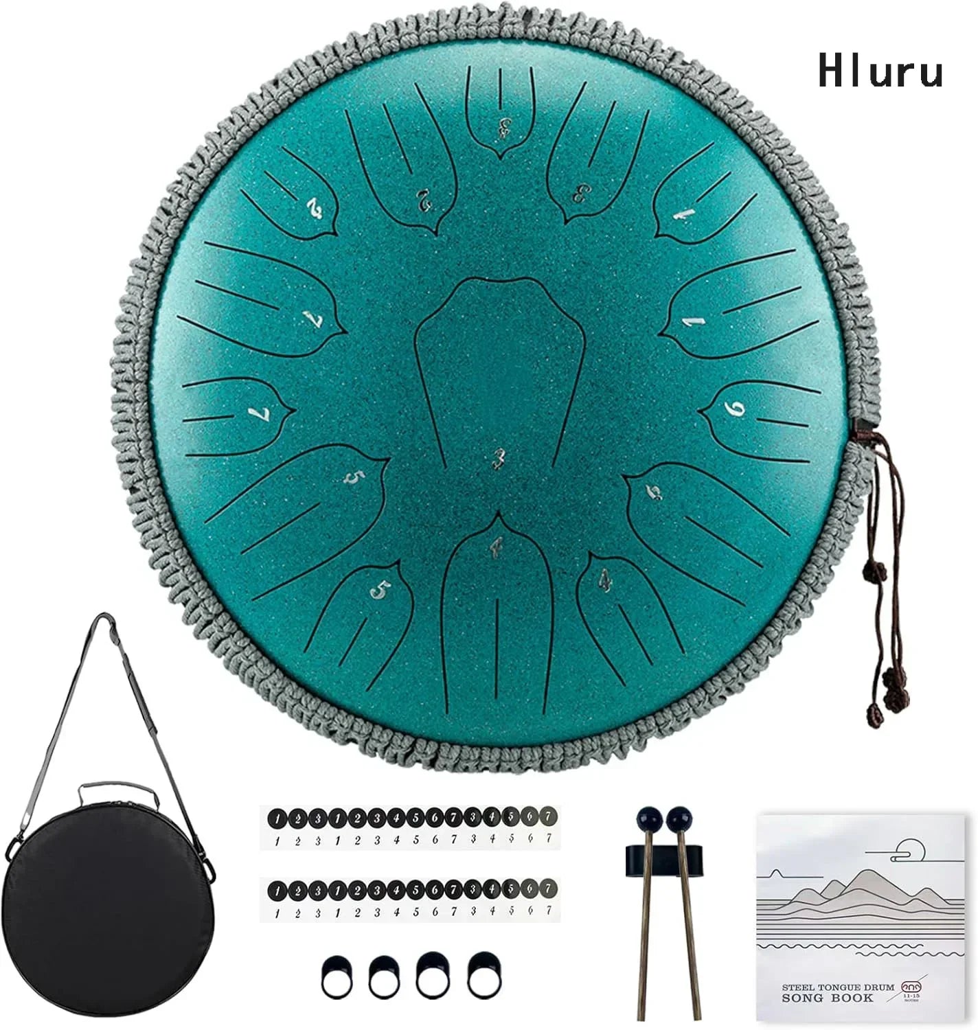 Teal hluru music steel tongue drum with gray braided edge and numbered finger-shaped sound zones, tone ethereal drum instrument