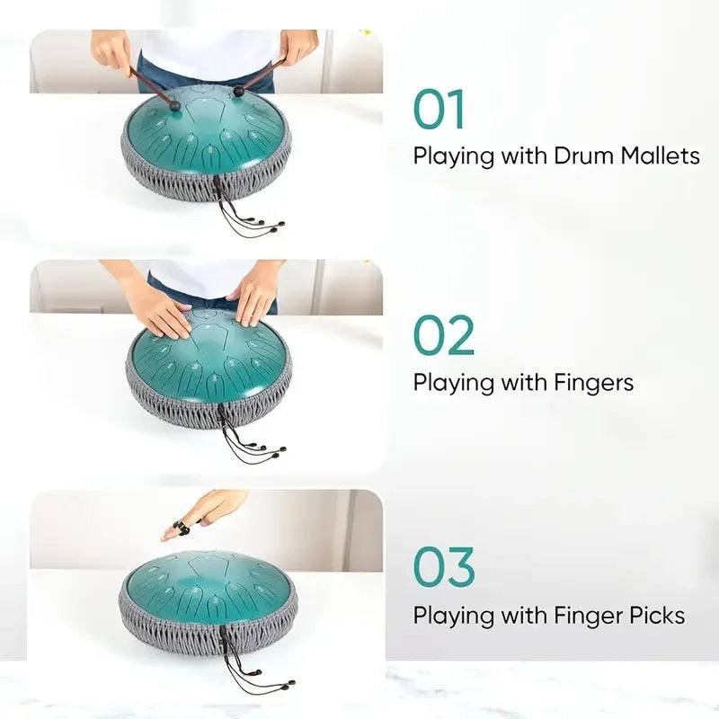 Teal handpan tongue drum with gray woven cover made of steel for ethereal percussion by Hluru Music