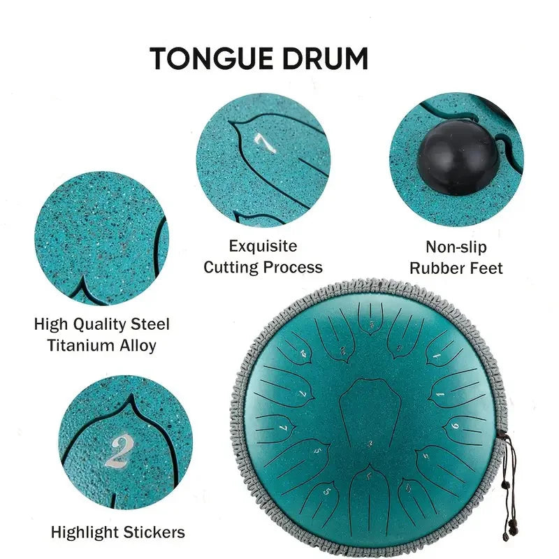 Teal hluru music drum tongue drum made of steel titanium alloy with engraved stickers and non-slip rubber feet