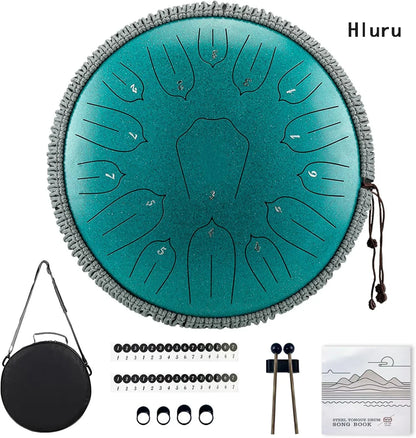 Teal-colored hluru music steel tongue drum 13 inch with textured handcrafted finish and gray braided edge uses spray paint forms