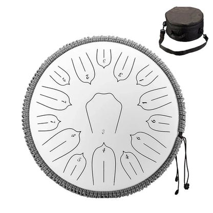 White steel tongue drum with gray knitted edge and numbered tuning marks for ethereal percussion music