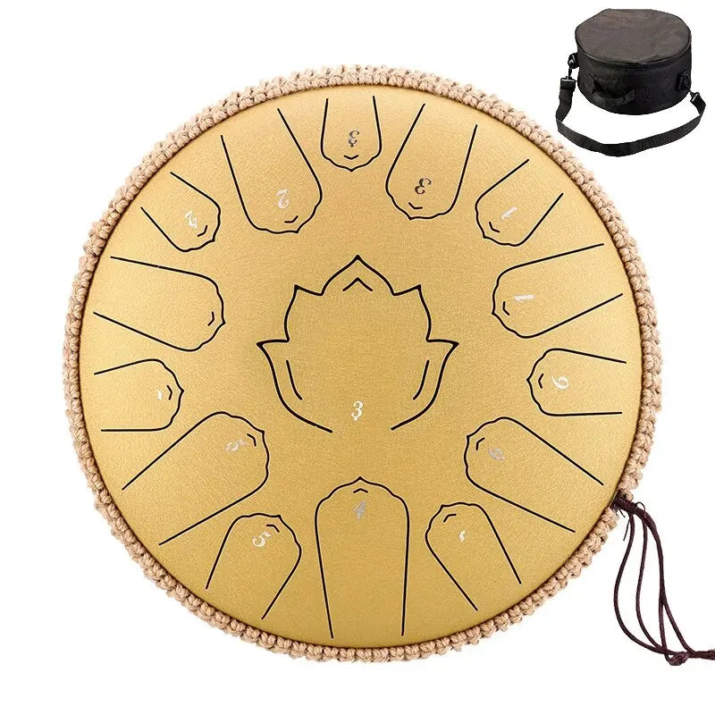 Golden-toned hluru steel tongue drum glucophone with lotus design and numbered notes for ethereal drum percussion
