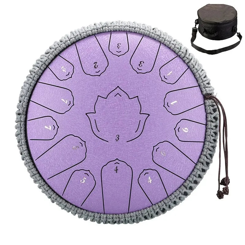 Purple hluru steel tongue drum glucophone 12-note with gray knitted border and black carrying case for ethereal drum percussion