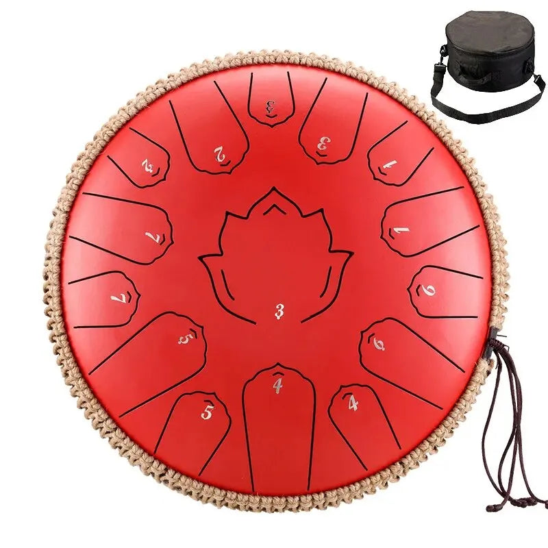 Red hluru steel tongue drum glucophone with woven beige rim and numbered sections for ethereal drum percussion