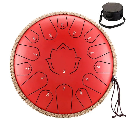Red hluru steel tongue drum glucophone with woven beige rim and numbered sections for ethereal drum percussion