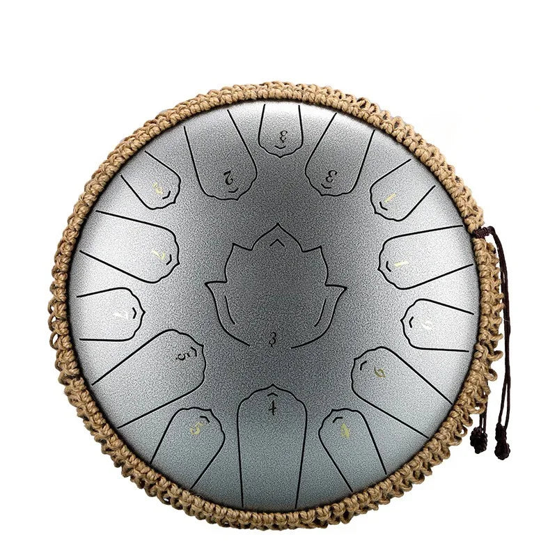 Silver-toned 14-note hluru steel tongue drum glucophone with engraved lotus and woven rim ethereal drum percussion instrument
