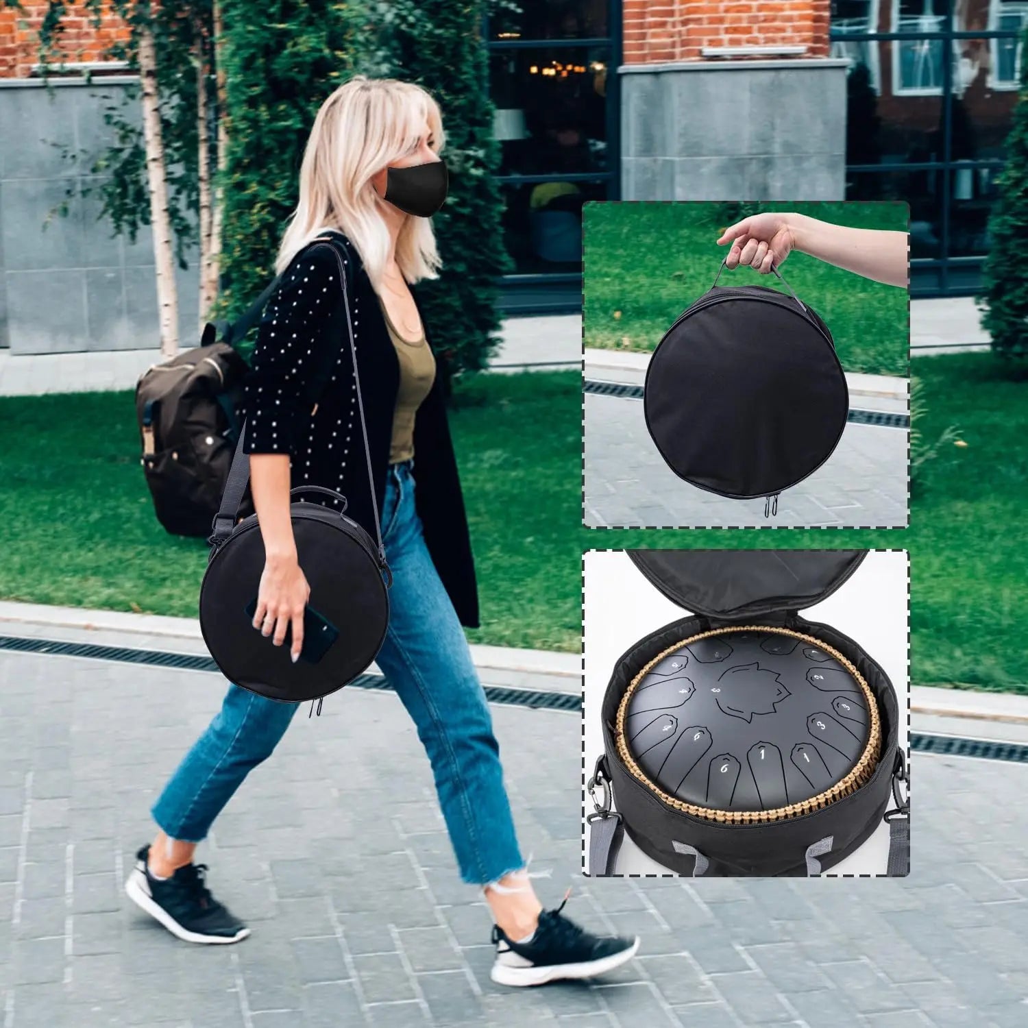 Black circular drum case with padded interior and zipper closure for hluru steel tongue tongue drum glucophone ethereal drum percussion