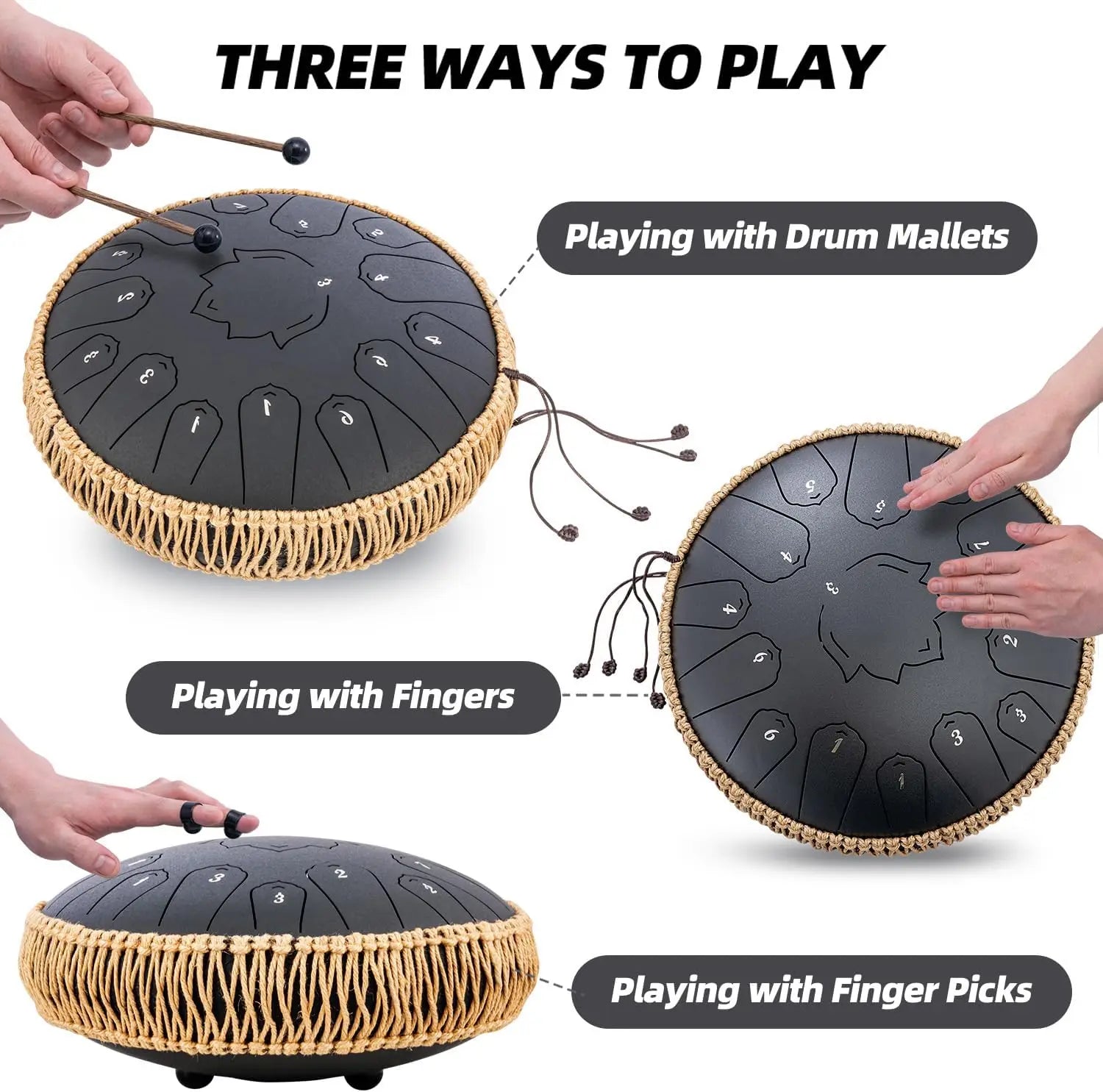 Black hluru steel tongue drum glucophone with woven natural fiber rim and numbered playing sections for ethereal drum percussion