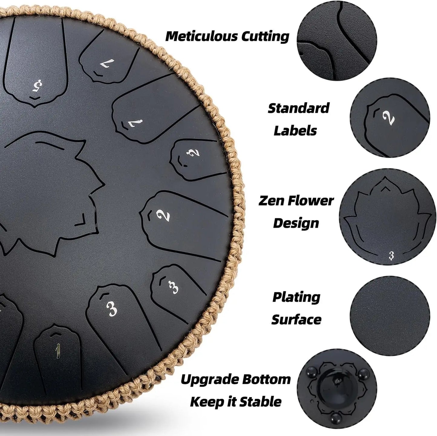 Black hluru steel tongue drum glucophone with zen flower design numbered sections and braided rope edge ethereal drum percussion