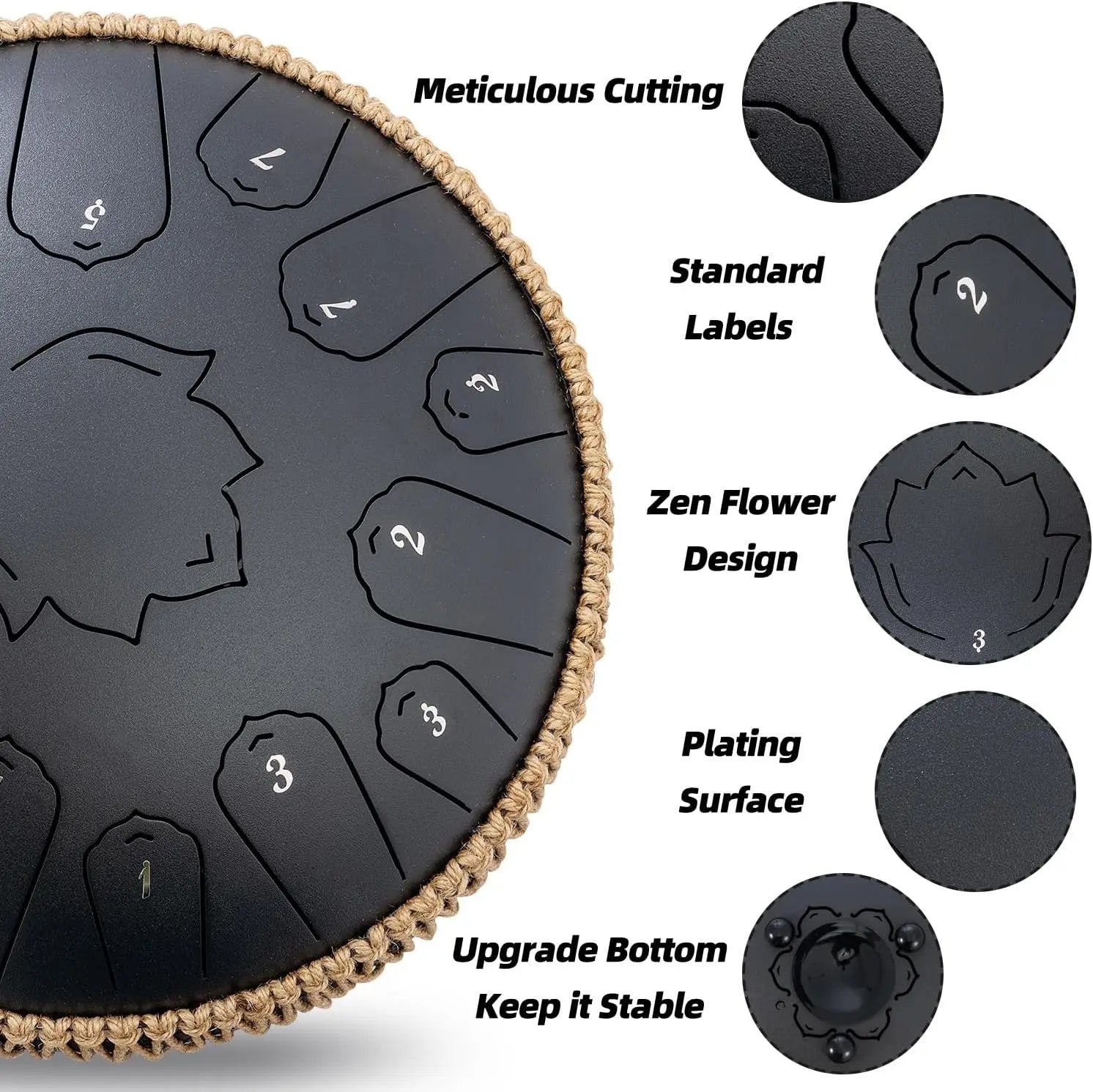 Black hluru steel tongue drum glucophone with zen flower design numbered sections and braided rope edge ethereal drum percussion