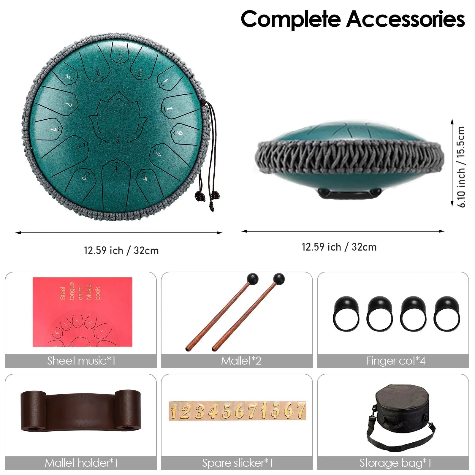 Teal hluru steel tongue drum glucophone with 14 notes 13 inch woven gray edge and black hanging cords ethereal drum percussion