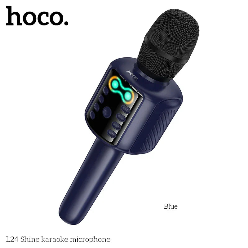 Navy blue hoco l24 karaoke microphone with black mesh grille, illuminated panel, aux playback, and drive tf card support