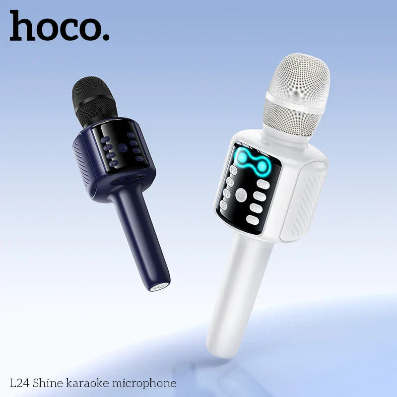 White and navy blue hoco l24 karaoke microphone with built-in screen supports aux playback drive tf card and bluetooth 5.0