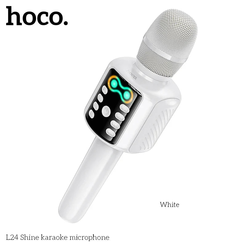 White hoco l24 karaoke microphone with mesh grille and illuminated control panel supports aux playback and drive tf card