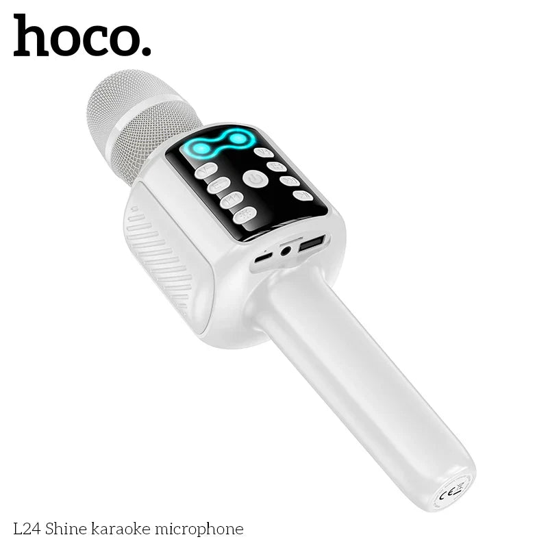 White HOCO L24 karaoke microphone with mesh grille, black control panel, aux playback, and drive TF card support