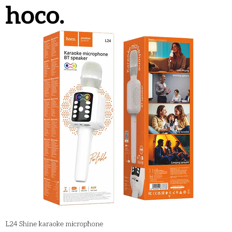 White hoco l24 karaoke microphone with built-in speaker aux playback and support for drive tf card and bluetooth 5.0