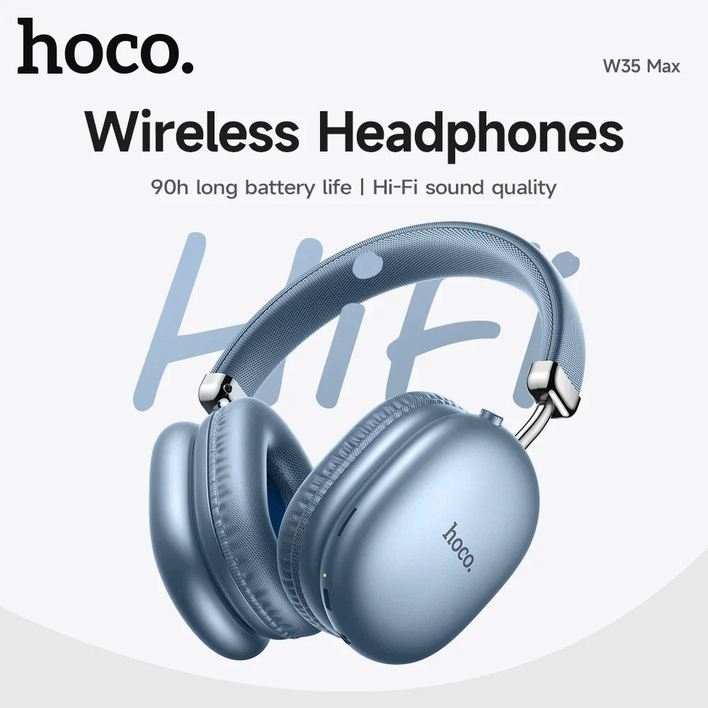 Blue hoco w35 max wireless sport earphone with candy color matte finish padded earcups and card mode support