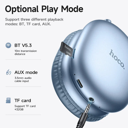 Light blue metallic hoco w35 max sport earphone with textured fabric exterior and card mode connectivity options