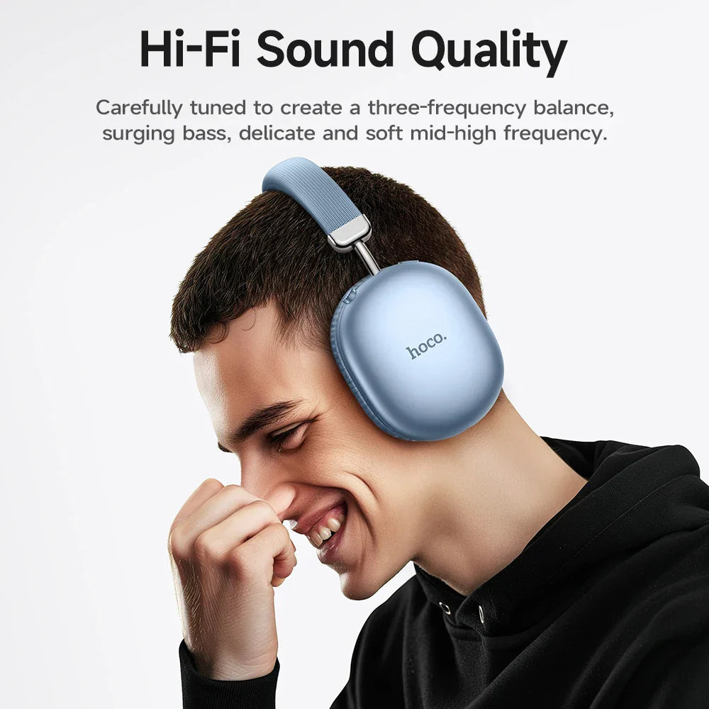 Light blue hoco w35 max wireless sport earphone support with 42mm coil speaker and card mode silver accents
