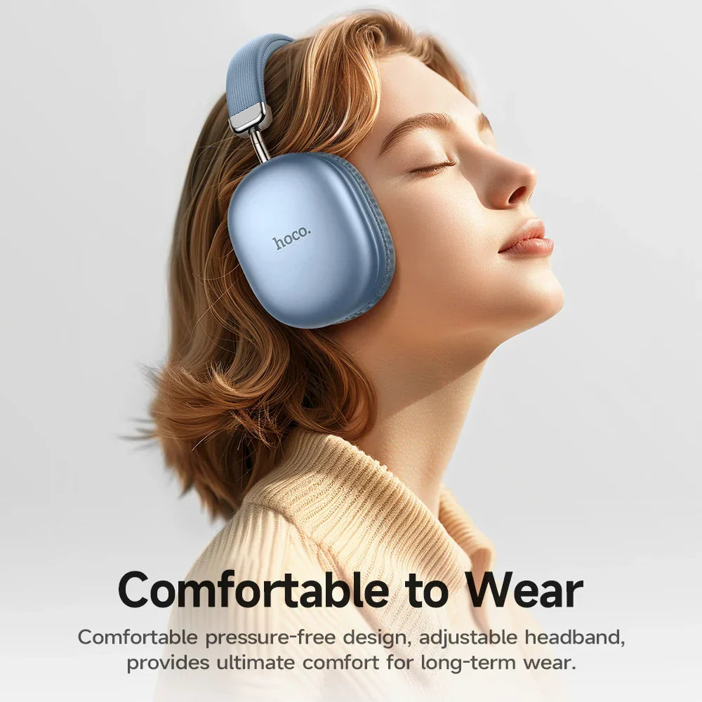 Light blue hoco w35 max wireless over-ear headphones with soft headband sport earphone support and card mode features