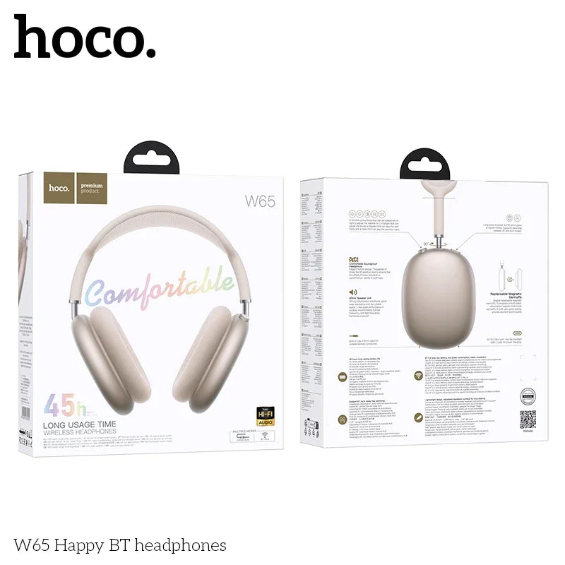 Hoco w65 happy bt wireless headphones in matte beige with soft earcups and elegant headband big earphones hifi audio