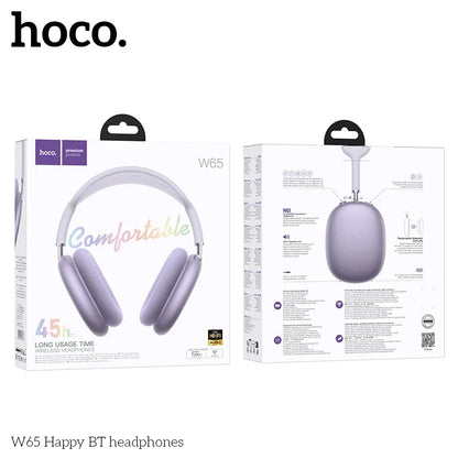 Lavender-colored hoco w65 over ear big earphones hifi wireless headphones for sport gaming with soft earcups and bluetooth 5.4