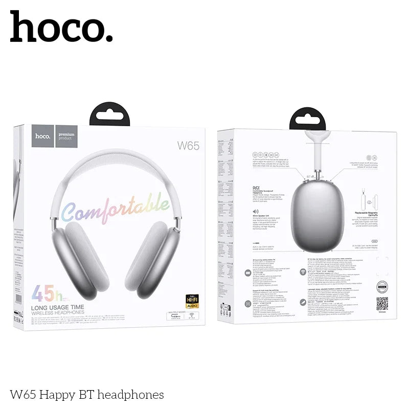White and silver hoco w65 wireless big earphones hifi audio sport gaming headsets with bluetooth 5.4 and mic