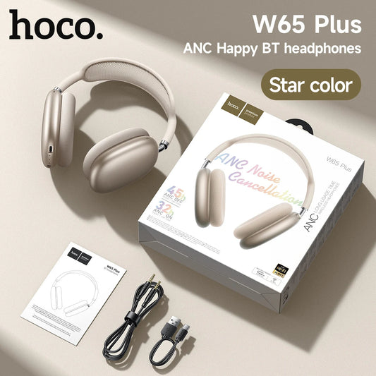 Star-colored hoco w65 plus cancellation bluetooth headphones with metallic finish and soft earcups for sports game wireless use