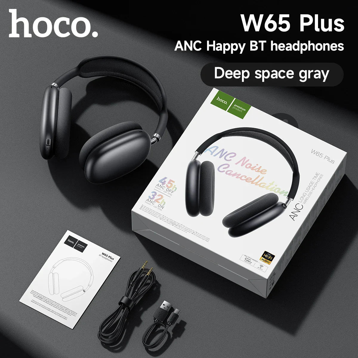 Deep space gray hoco w65 plus cancellation bluetooth headphones with matte finish earcups for sports game wireless use