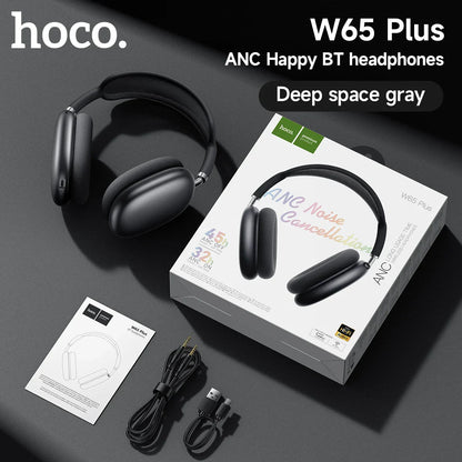 Deep space gray hoco w65 plus cancellation bluetooth headphones with matte finish earcups for sports game wireless use
