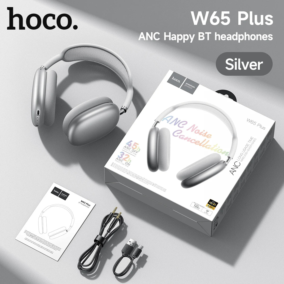 Silver hoco w65 plus cancellation bluetooth headphones with sleek design and soft earcups for sports game wireless use