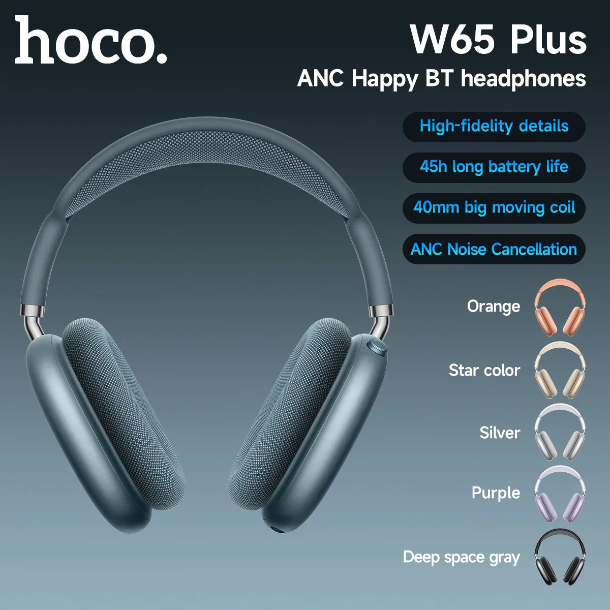 Deep space gray hoco w65 plus cancellation bluetooth headphones with matte headband and textured fabric padding for sports game wireless use