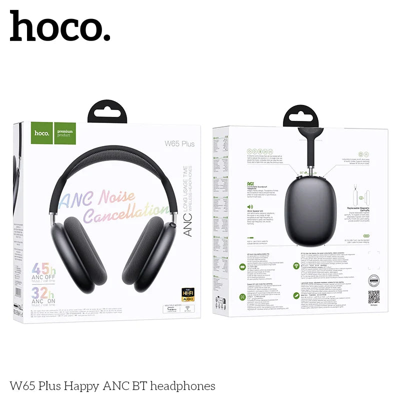 Black hoco w65 plus noise reduction bluetooth wireless big earphone headphones with sleek over ear matte finish design