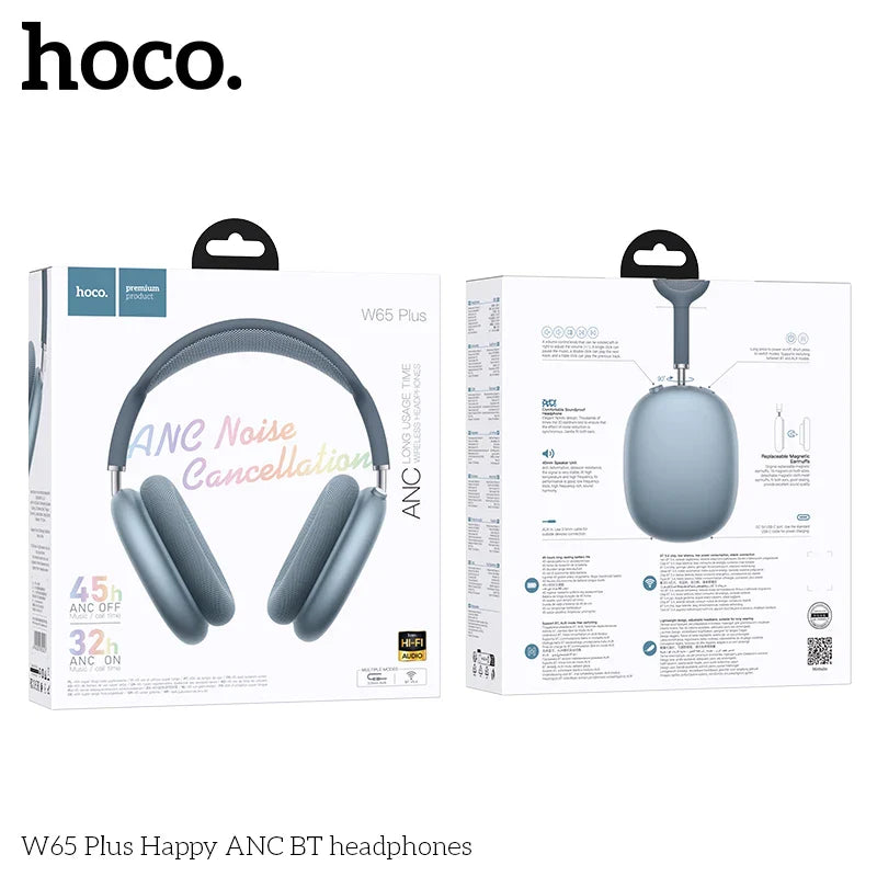 Gray hoco w65 plus wireless big earphone with noise reduction bluetooth and soft earcups for hifi sound and sports use