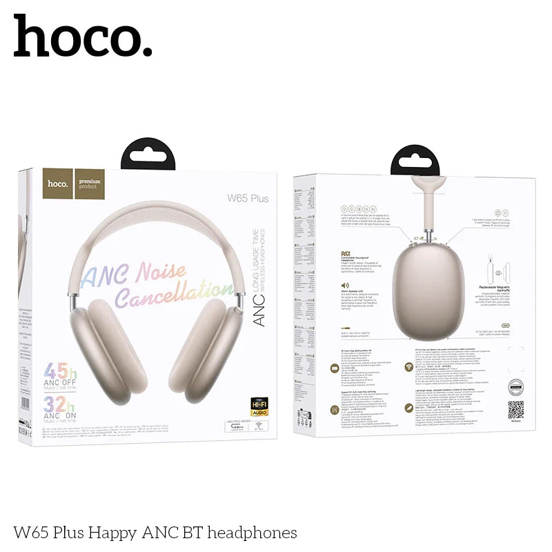 Hoco w65 plus noise reduction bluetooth wireless big earphone headphones in matte beige with soft earcups and adjustable headband