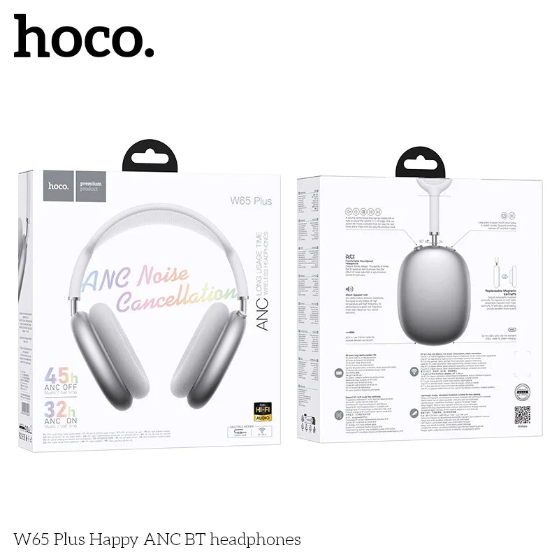White and silver hoco w65 plus noise reduction bluetooth wireless big earphone with sleek modern over the ear design