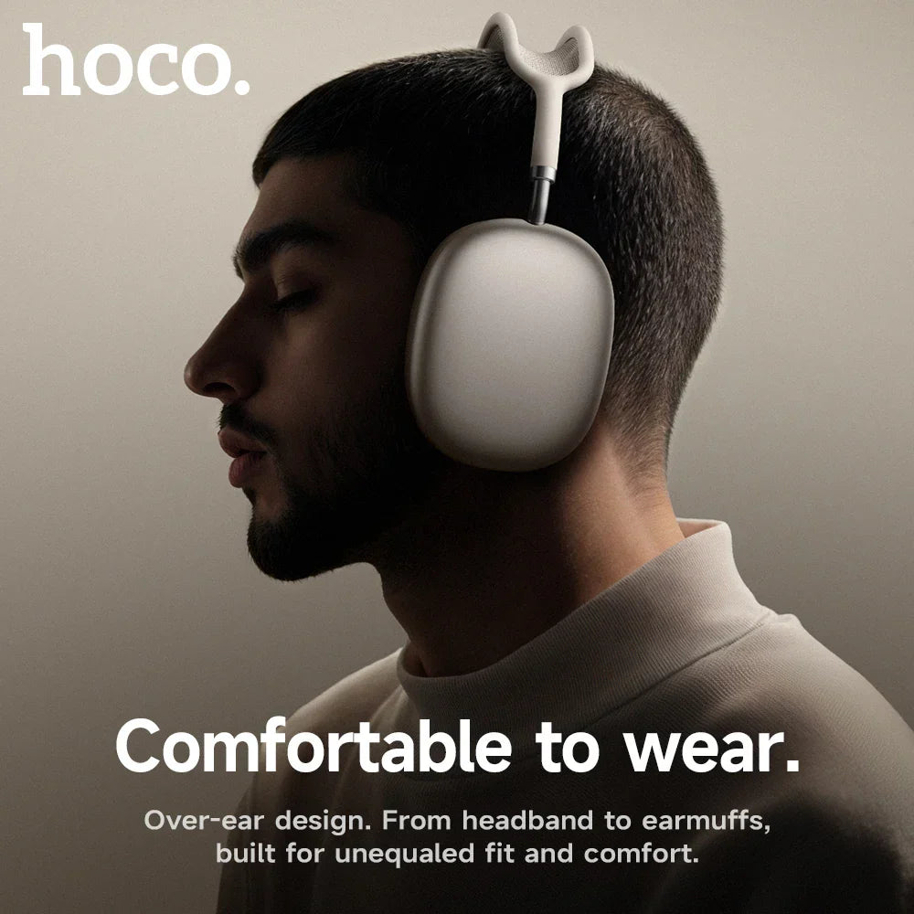 White hoco w65 plus wireless big earphone with noise reduction bluetooth and soft over-ear cushioned earcups