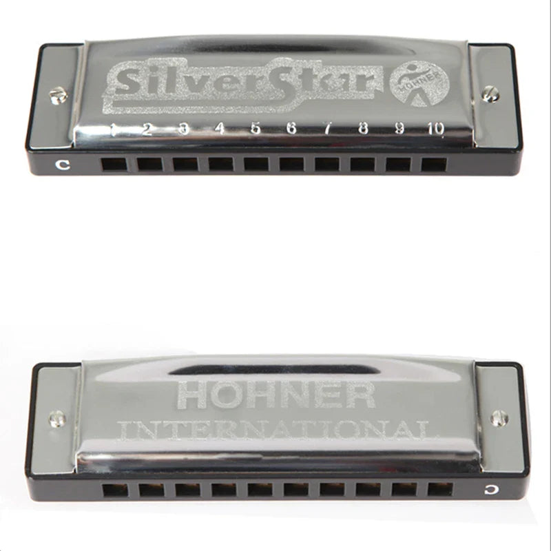 Hohner silver star gaita blues harp key of c mouth organ with metallic finish black plastic ends and engraved branding