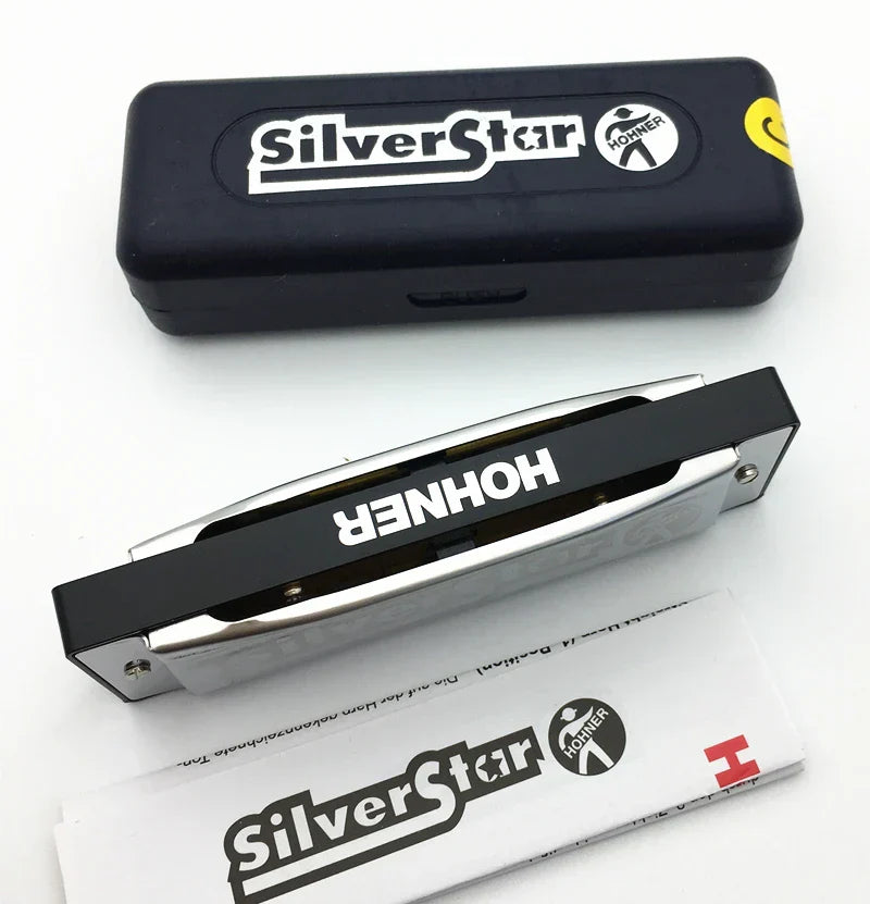 Black and silver hohner silverstar blues harp key mouth organ sliver star gaita with sleek rectangular design