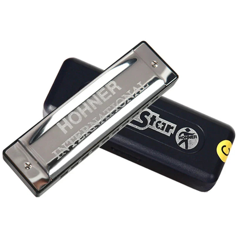 Shiny silver hohner international star mouth organ sliver with black case blues harp key sliver star gaita instrument