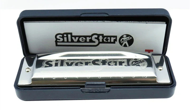 Hohner 10 holes sliver star gaita blues harp key of c mouth organ with polished chrome and engraved keys in black case