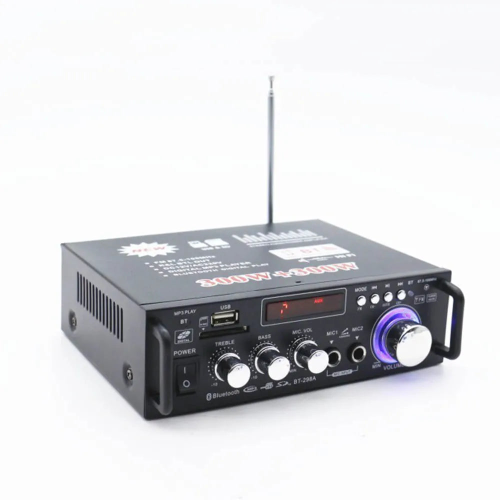 Black rectangular mini amplifier professional with purple-lit volume knob and antenna for subwoofer theater sound system