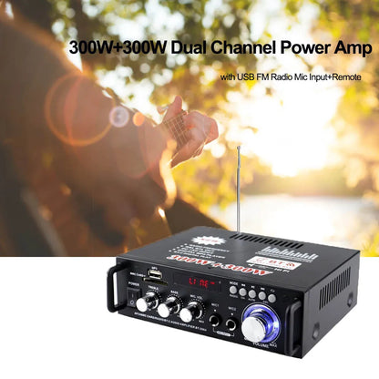 Black 600w amplifiers audio with dual 300w channels, blue-lit volume knob, and multiple dials for subwoofer theater sound use