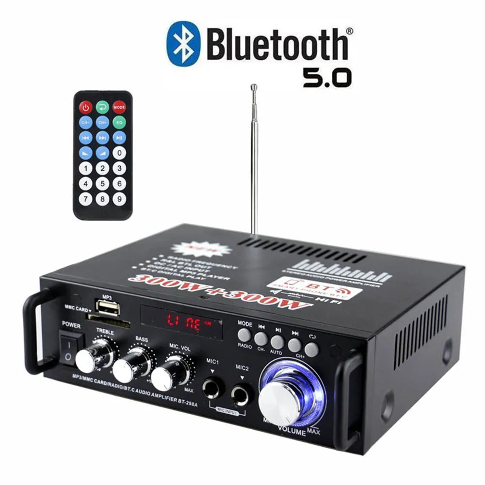 Black bluetooth 5.0 mini amplifier professional with silver antenna blue-lit knob and controls for amplifiers audio 600w subwoofer theater sound