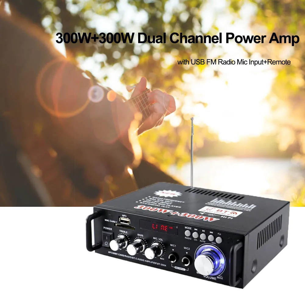 Black 300w+300w dual channel professional mini amplifier with blue-lit volume knob for subwoofer theater sound system