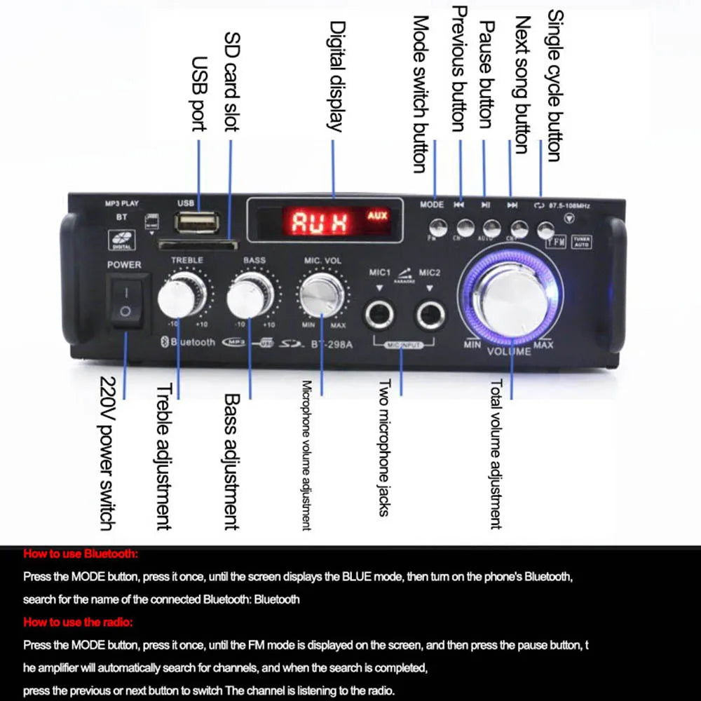 Black rectangular mini amplifier professional with digital display usb sd card slot and circular volume knob for amplifiers audio 600w subwoofer theater sound