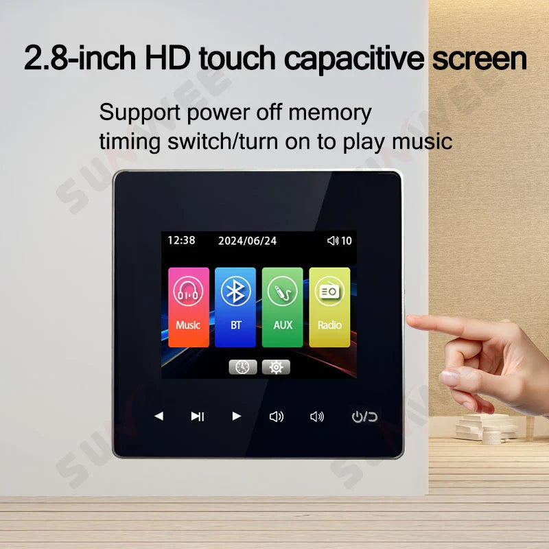 Black rectangular home audio wall music panel hotel with 28 inch hd touch screen and bluetooths wall amplifier features