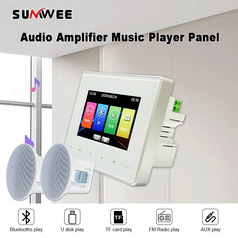 White sunwee home audio wall music panel hotel with touchscreen bluetooths wall amplifier aux tf fm radio interface
