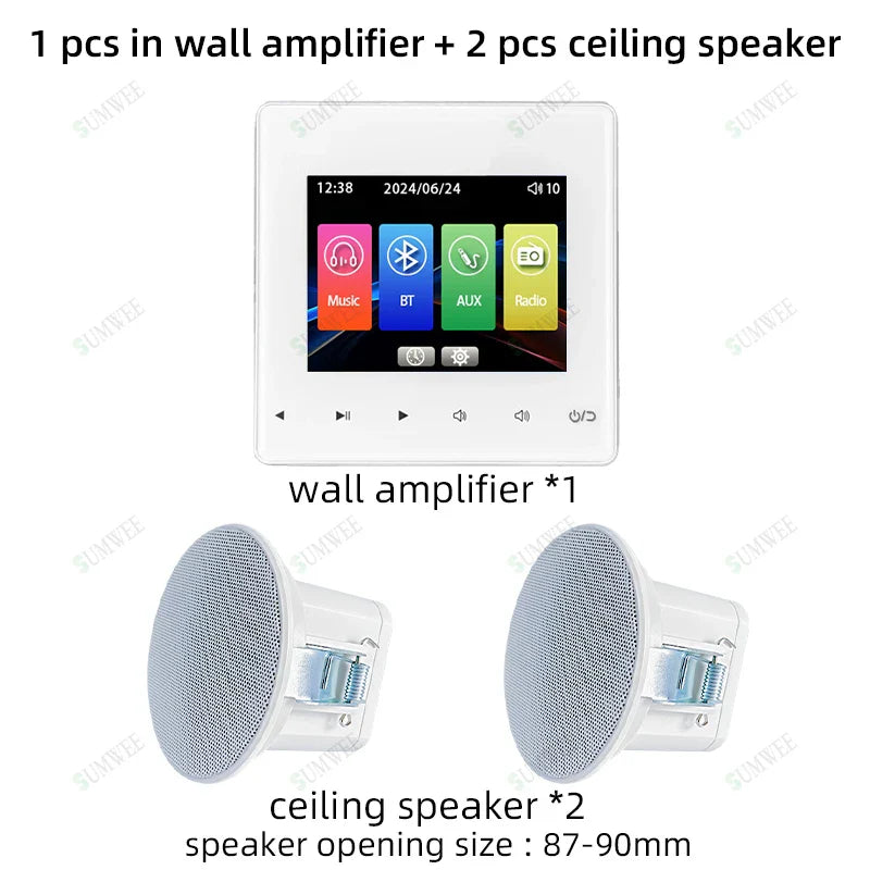 White rectangular home audio wall amplifier with touchscreen music panel hotel featuring bluetooths and aux controls